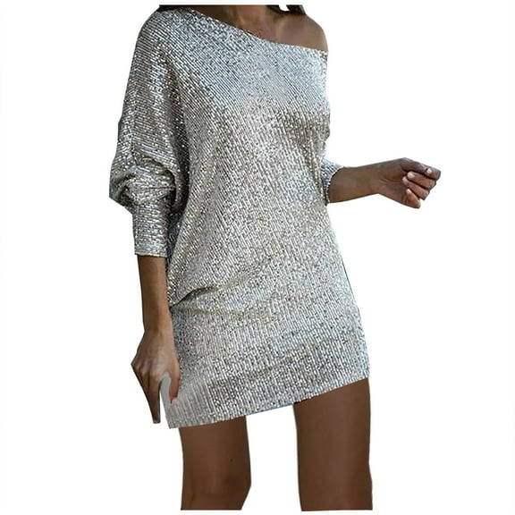 Lovskoo Women's Off Shoulder Sequin Dresses Long Sleeve Loose Casual Cocktail Party Dress Sparkly Glitter Short Mini Dress Silver 2XL
