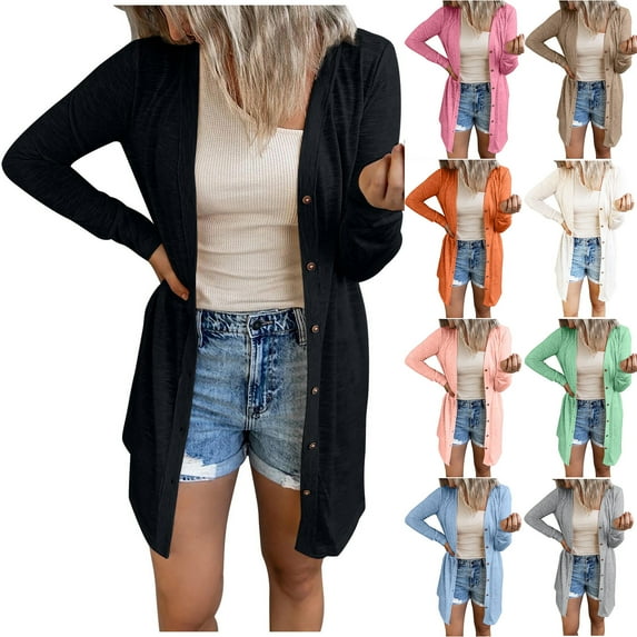 Lovskoo Women's Open Front Cardigan Shirt with Pockets Long Sleeve Lightweight Coat Black