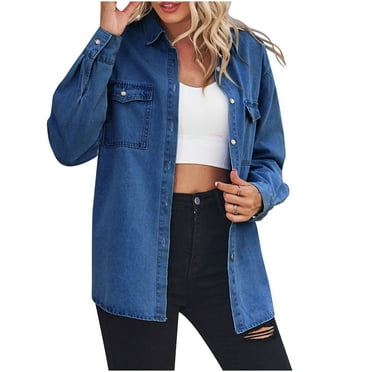 Lovskoo Women's Oversized Denim Jacket Casual Long Boyfriend Distresse Jean Jacket Autumn Spring Frayed Washed Button Denim Coat Blue