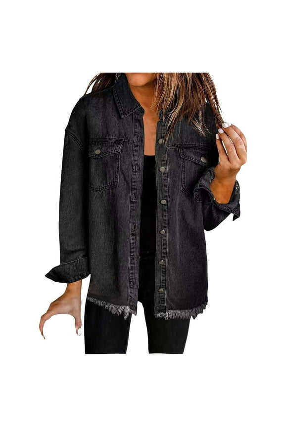 Women's Oversized Denim Jacket Casual Long Boyfriend Distresse Jean Jacket Fall Spring Clothes Black