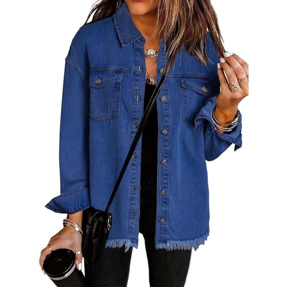 Lovskoo Women's Oversized Denim Jacket Casual Long Boyfriend Distresse Jean Jacket Fall Spring Clothes Dark Blue