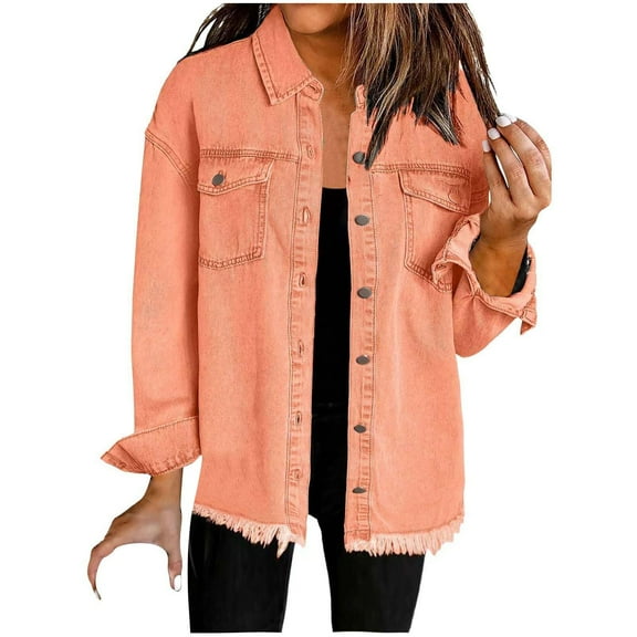 Lovskoo Women's Oversized Denim Jacket Casual Long Boyfriend Distresse Jean Jacket Fall Spring Clothes Orange