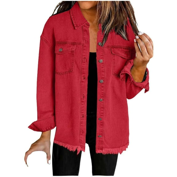 Lovskoo Women's Oversized Denim Jacket Casual Long Boyfriend Distresse Jean Jacket Fall Spring Clothes Red