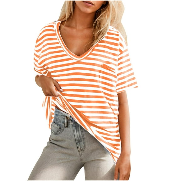 Lovskoo Women's Oversized T-Shirt Striped Short Sleeve V Neck Tee Shirt Casual Loose Drop Shoulder Summer Going Out Top Orange