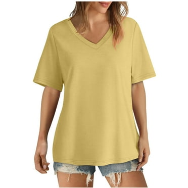 Lovskoo Women's Oversized T Shirts Short Sleeve V Neck Summer Tops Casual Loose Basic Tee Shirts 2024 Trendy Clothes Yellow 2XL