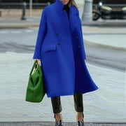 Lovskoo Womens Oversized Wool Blend Pea Coat Winter Double Breasted Solid Color Long Sleeve Notch Lapel Long Trench Coat Overcoat X-Blue L