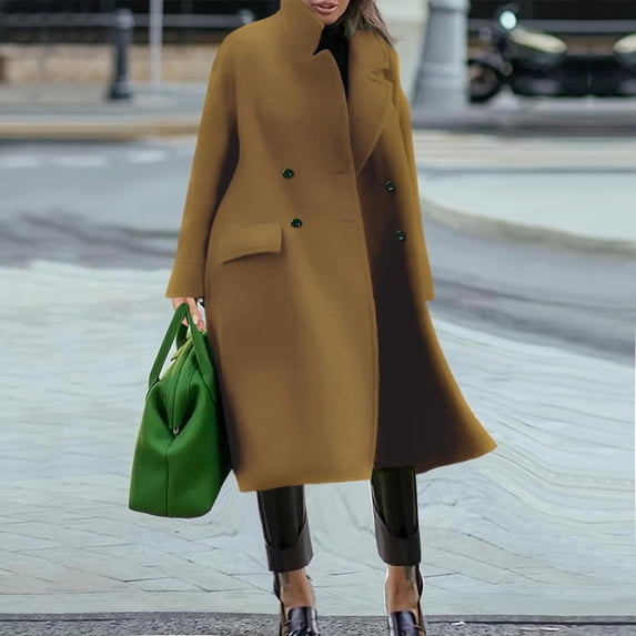 Lovskoo Women's Oversized Wool Blend Pea Coat Winter Double Breasted Solid Color Long Sleeve Notch Lapel Long Trench Coat Overcoat X-Khaki XL