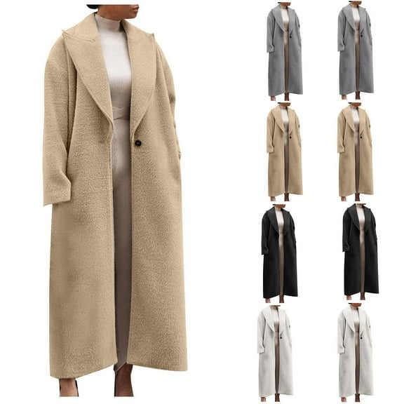 Lovskoo Women's Pea Coat Casual Trendy Solid Color Long Suit Collar Woolen Coat Beige