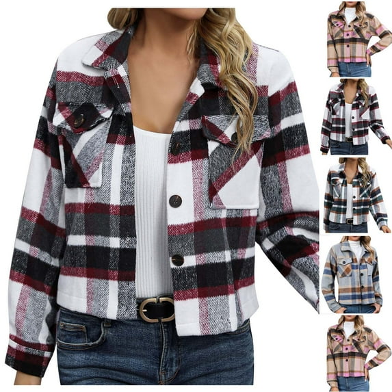 Lovskoo Women's Plaid Shacket Jacket Flannel Long Sleeve Button Down Shirts Casual Lapel Pocket Cardigan Coat Black