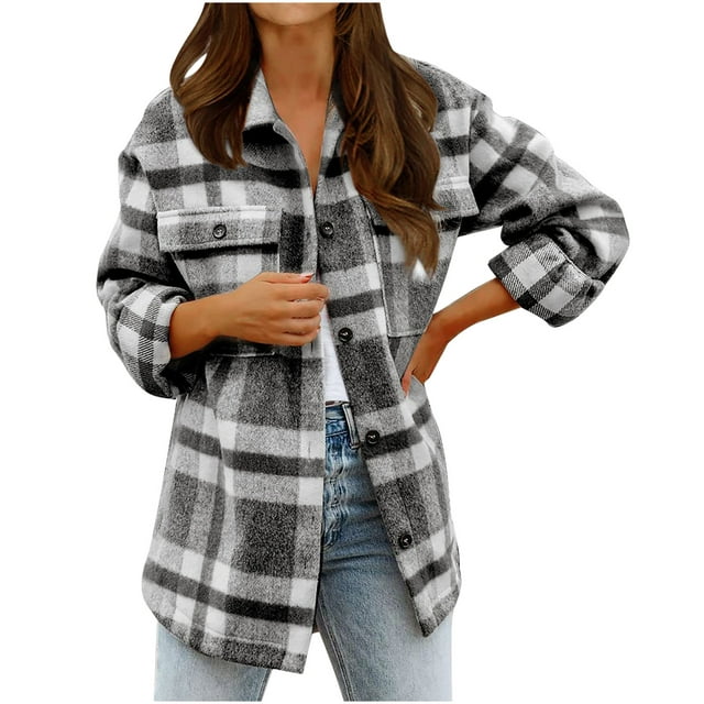 Lovskoo Women's Plaid Shacket Jacket Flannel Long Sleeve Button Down ...