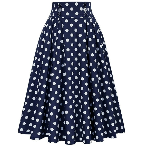Lovskoo Women's Pleated Vintage Skirt Polka Dot A-Line High Waist Midi Skirts Blue
