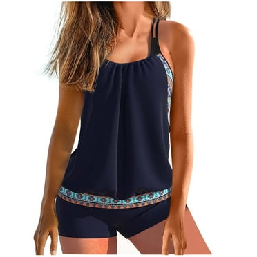 Lovskoo Women's Plus Size 2024 Trendy Modest Two Piece Tankini Set Swimsuit Vintage Tank Tops and High Waisted Swim Boyshorts Set Dark Blue M