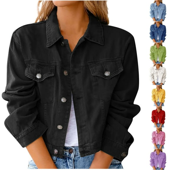 Lovskoo Women's Plus Size Cropped Denim Jackets Button Up Long Sleeve Basic Trendy Trucker Jackets Black 3XL