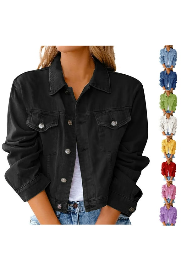 Women's Plus Size Cropped Denim Jackets Button Up Long Sleeve Basic Trendy Trucker Jackets Light Blue 3XL
