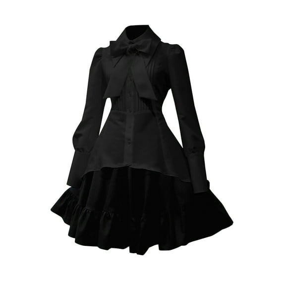 Lovskoo Women's Plus Size Gothic Shirt Dress with Bow Tie Neck Long Sleeve Buttton Cuff Elegant Blouse Shirt Prom Dresses Lace Up Asymmetrical Hem Ruffle Dress Halloween Costume Black-B