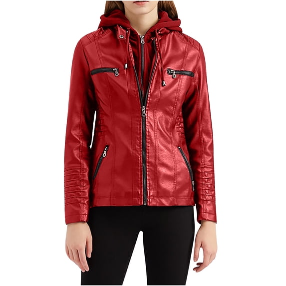 Lovskoo Women's Plus Size Hooded Faux Leather Jacket Moto Biker Coat Motorcycle Outerwear Fall Jackets for Women 2023 Red 3XL
