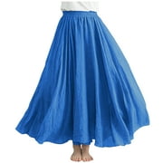 Lovskoo Women's Plus Size Linen Skirt Casual Ankle Length High Waist Pleated A-Line Flowy Long Maxi Skirt with Pockets Blue Free Size