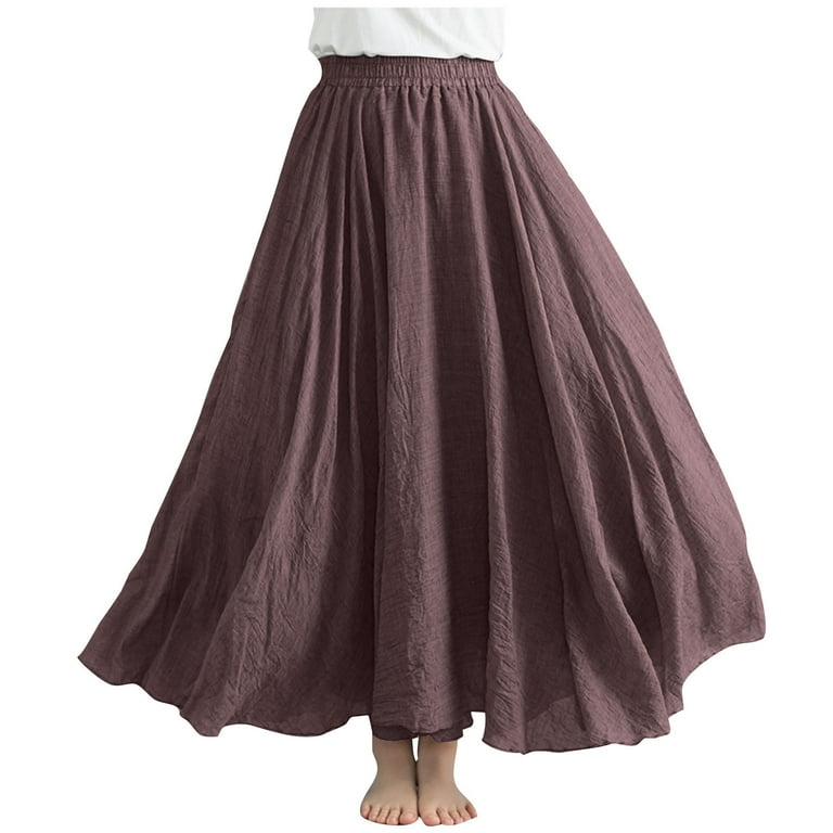 Lovskoo Women s Plus Size Linen Skirt Casual Ankle Length High Waist Pleated A Line Flowy Long Maxi Skirt with Pockets Brown Free Size