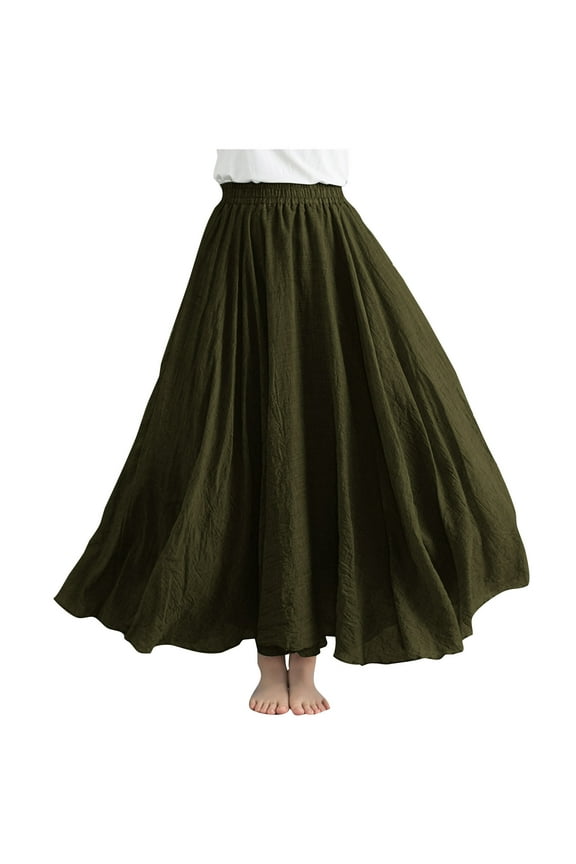 Women's Plus Size Linen Skirt Casual Ankle Length High Waist Pleated A-Line Flowy Long Maxi Skirt with Pockets Olive Green Free Size