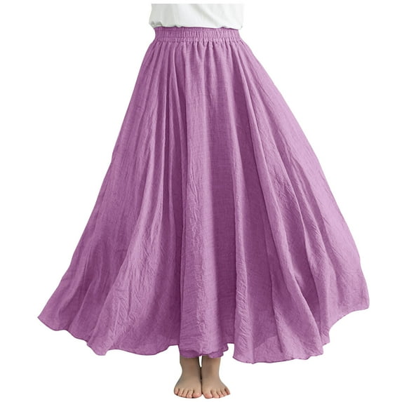 Lovskoo Women's Plus Size Linen Skirt Casual Ankle Length High Waist Pleated A-Line Flowy Long Maxi Skirt with Pockets Purple Free Size