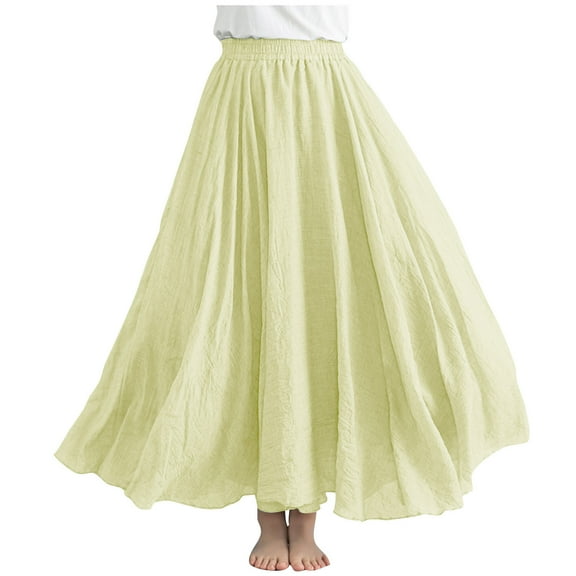 Lovskoo Women's Plus Size Linen Skirt Casual Ankle Length High Waist Pleated A-Line Flowy Long Maxi Skirt with Pockets Yellow Free Size