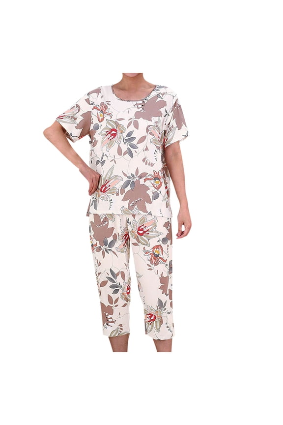 Women's Plus Size Sleepwear Capri Pajama Sets Short Sleeve Two-Piece Set Crew Neck Tops & Capri Pants Summer Comfortable Cotton Lounge Sets Beige