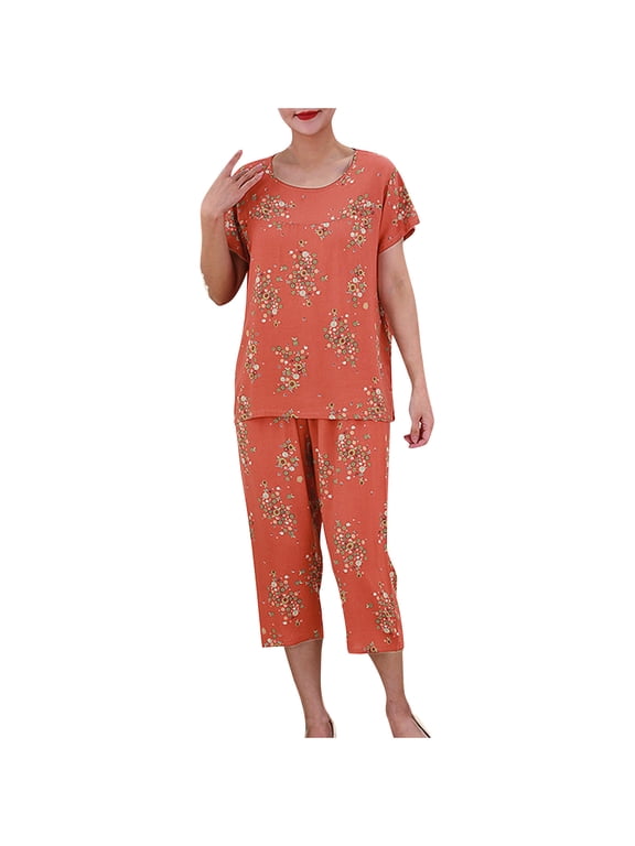 Women's Plus Size Sleepwear Capri Pajama Sets Short Sleeve Two-Piece Set Crew Neck Tops & Capri Pants Summer Comfortable Cotton Lounge Sets Orange