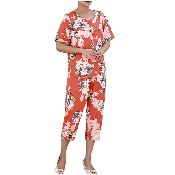 Lovskoo Women's Plus Size Sleepwear Capri Pajama Sets Short Sleeve Two-Piece Set Crew Neck Tops & Capri Pants Summer Comfortable Cotton Lounge Sets Orange