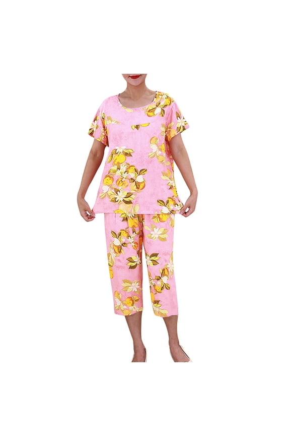 Women's Plus Size Sleepwear Capri Pajama Sets Short Sleeve Two-Piece Set Crew Neck Tops & Capri Pants Summer Comfortable Cotton Lounge Sets Pink