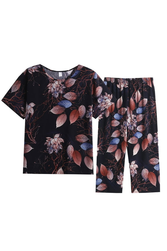 Women's Plus Size Summer Cute Sleepwear Tops with Capris Pants Pajama Sets Short Sleeve Cotton Linen Loungewear Two Piece Suit Black 2XL