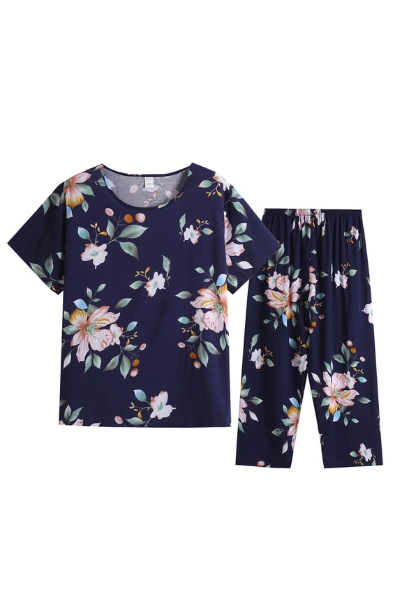 Women's Plus Size Summer Cute Sleepwear Tops with Capris Pants Pajama Sets Short Sleeve Cotton Linen Loungewear Two Piece Suit Blue XL