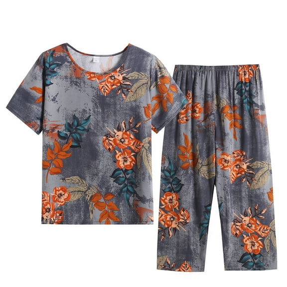 Lovskoo Women's Plus Size Summer Cute Sleepwear Tops with Capris Pants Pajama Sets Short Sleeve Cotton Linen Loungewear Two Piece Suit Gray 2XL