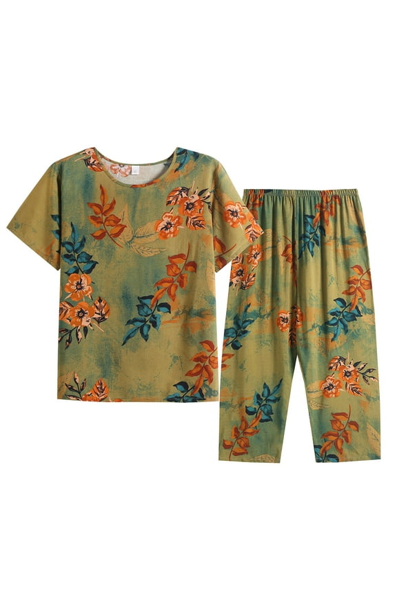 Women's Plus Size Summer Cute Sleepwear Tops with Capris Pants Pajama Sets Short Sleeve Cotton Linen Loungewear Two Piece Suit Green 3XL