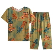 Lovskoo Womens Plus Size Summer Cute Sleepwear Tops with Capris Pants Pajama Sets Short Sleeve Cotton Linen Loungewear Two Piece Suit Green