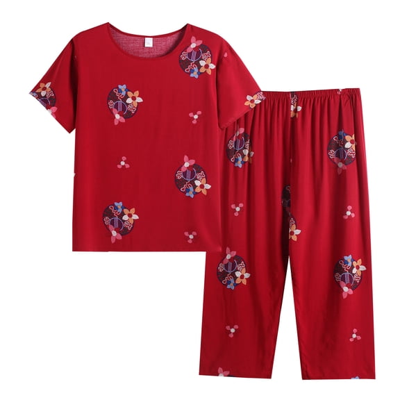 Lovskoo Women's Plus Size Summer Cute Sleepwear Tops with Capris Pants Pajama Sets Short Sleeve Cotton Linen Loungewear Two Piece Suit Red 4XL