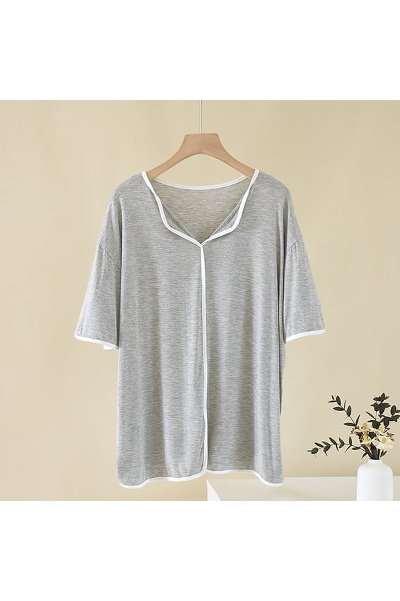 Women's Plus Size V Neck Model Pajamas Tops With Padded Short Sleeve Thin Soft Comfy Home Pajamas Top Gray 2XL