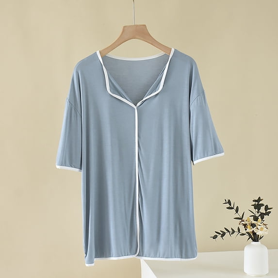 Lovskoo Women's Plus Size V Neck Model Pajamas Tops With Padded Short Sleeve Thin Soft Comfy Home Pajamas Top Light Blue 4XL