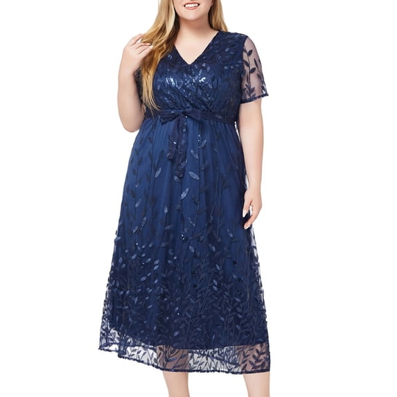 Lovskoo Women's Plus Size V Neck Sequin Midi Dress Short Sleeve Waist Floral Mesh A-Line Bridesmaid Long Formal Dress for Wedding Guest 2024 Prom Gown Navy 5XL