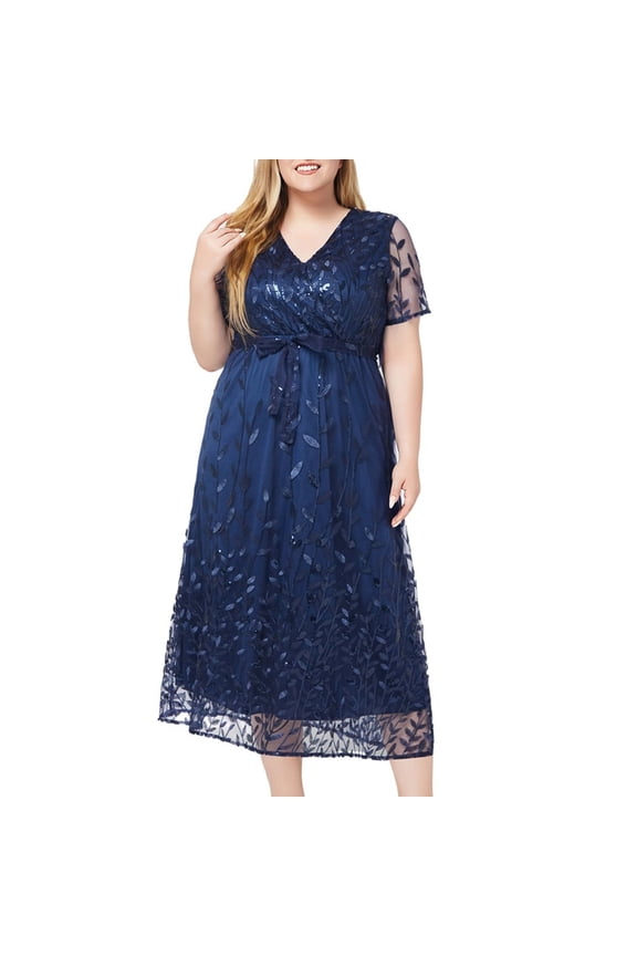 Women's Plus Size V Neck Sequin Midi Dress Short Sleeve Waist Floral Mesh A-Line Bridesmaid Long Formal Dress for Wedding Guest 2024 Prom Gown Navy XL