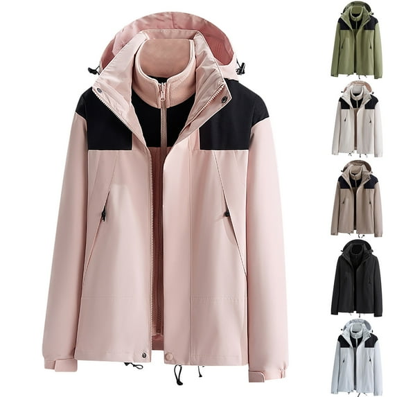 Lovskoo Women's Rain Jacket Hooded Active Winter Coat Casual Waterproof Windbreaker Detachable Cap and Thick Three-In-One Jacket Outdoor Sports Warm Jacket Khaki