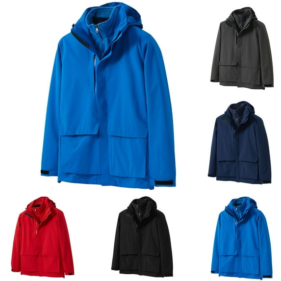 Lovskoo Women's Rain Jacket Hooded Quilted Jacket Fleece Lined Casual Waterproof Windbreaker Winter Three-In-One Detachable Plus Thickened Jacket Blue