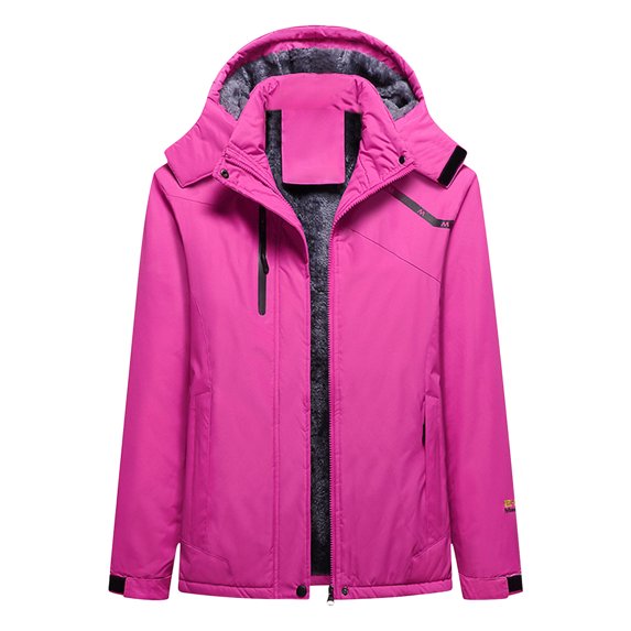 Lovskoo Women's Rain Jacket Hooded Technical Fleece Lined Casual Waterproof Windbreaker Outdoor Diving Jacket Thick Plush Cotton Jacket Long Sleeve Winter Climbing Jacket Hot Pink