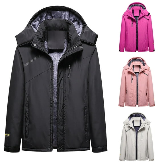 Lovskoo Women's Rain Jacket Hooded Technical Fleece Lined Casual Waterproof Windbreaker Outdoor Diving Jacket Thick Fleece Cotton Jacket Long Sleeve Winter Climbing Jacket Black