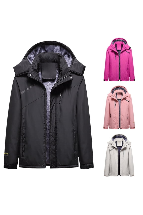 Women's Rain Jacket Hooded Technical Fleece Lined Casual Waterproof Windbreaker Outdoor Diving Jacket Thick Fleece Cotton Jacket Long Sleeve Winter Climbing Jacket Black