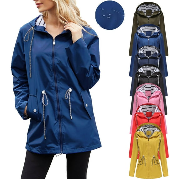Lovskoo Women's Rain Jacket Hooded Trenchcoat Casual Waterproof Jackets Zip Up Coat Outerwear Rainproof Jacket Windbreaker Black