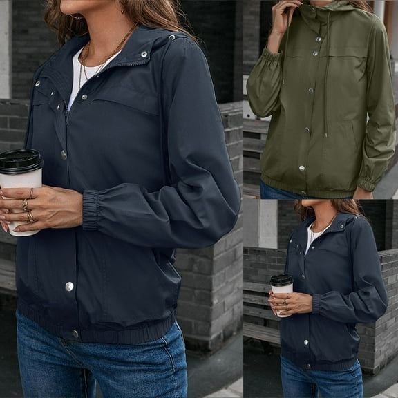 Lovskoo Women's Rain Jacket Sport Casual Waterproof Windbreaker Rain Jacket Outdoor Color Contrast Hooded Raincoat Windproof Olive Green