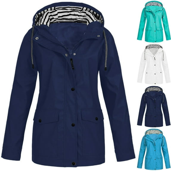 Lovskoo Women's Rain Jacket Sport Casual Waterproof Windbreaker Solid Rain Jacket Outdoor Plus Size Hooded Raincoat Windproof Blue