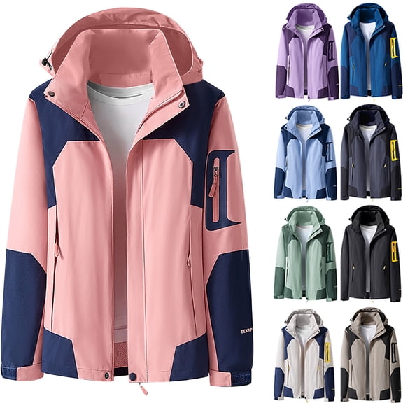 Lovskoo Women's Rain Jacket Technical Casual Waterproof Windbreaker Comfortable Color Block Interchange Jacket Drawstring Pocket Long Sleeve Hooded Outwear Jackets Beige