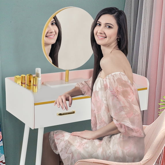 CHICIRIS Makeup Vanity Table Set with Round Mirror, Dressing Desk with 2 Storage Drawers for Bedroom, White