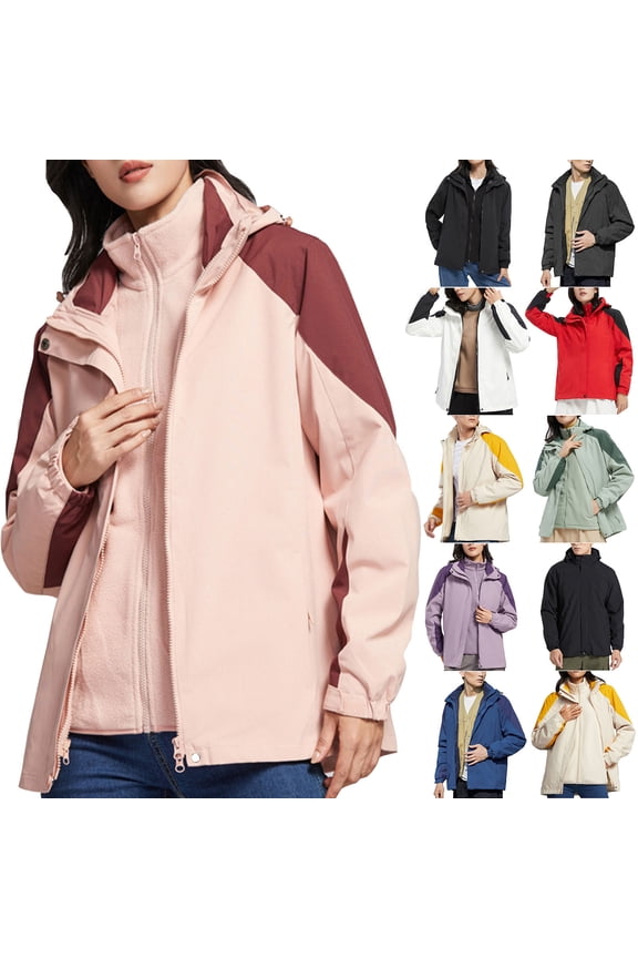 Women's Rain Jacket Technical Winter Coat Casual Waterproof Windbreaker Ladies Fleece Thickened Warm Hooded Reversible Jacket Pink